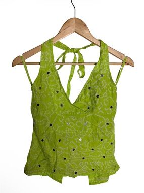 NWT Y2K blue plate halter tie v neck lime green  with sliver metallic sequins M